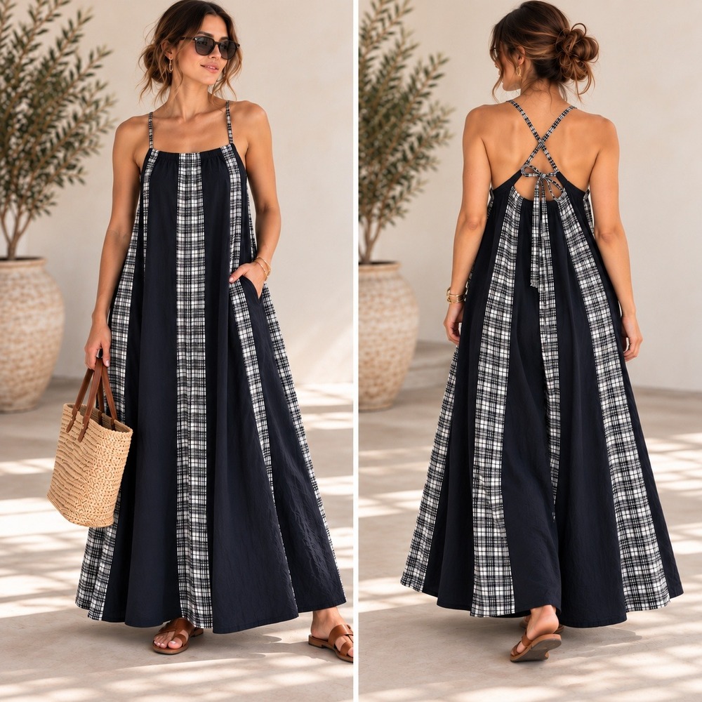 Rujuta Sheth Piper Jumpsuit XS/S Black White Color Block Contrast Plaid Wide Leg
